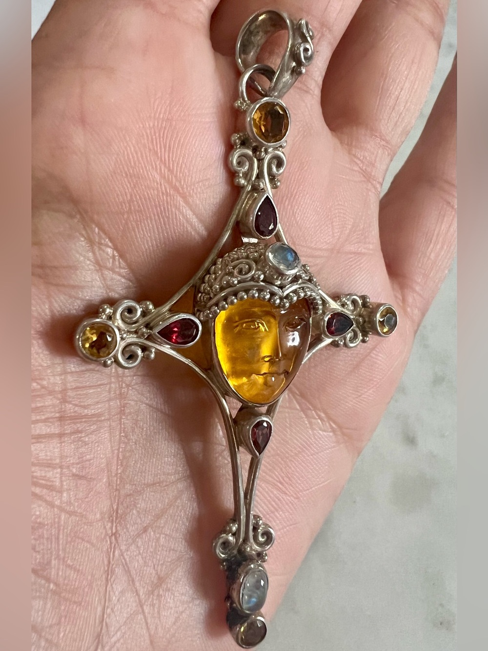 Sajen Designer 925 Sterling Silver Goddess Face Multi Gemstone Pendant 3.6” 15g